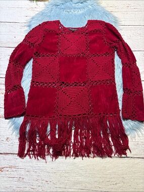 Mechant Red Crochet Openwork Fringe Tunic Top sz M